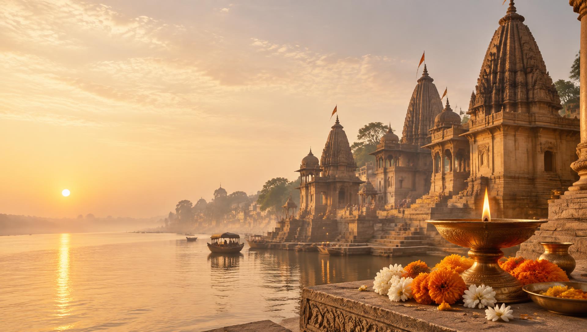 Temple ghats at sunrise with a brass lamp and flowers