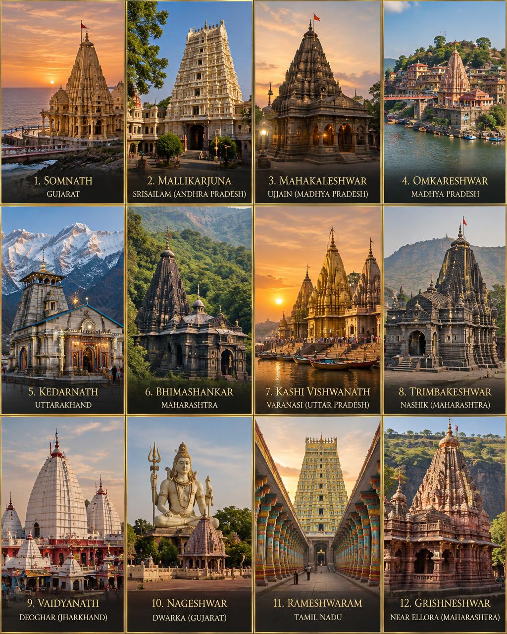 Collage of all twelve Jyotirlinga temples — Somnath, Mallikarjuna, Mahakaleshwar, Omkareshwar, Kedarnath, Bhimashankar, Kashi Vishwanath, Trimbakeshwar, Vaidyanath, Nageshwar, Rameshwaram and Grishneshwar